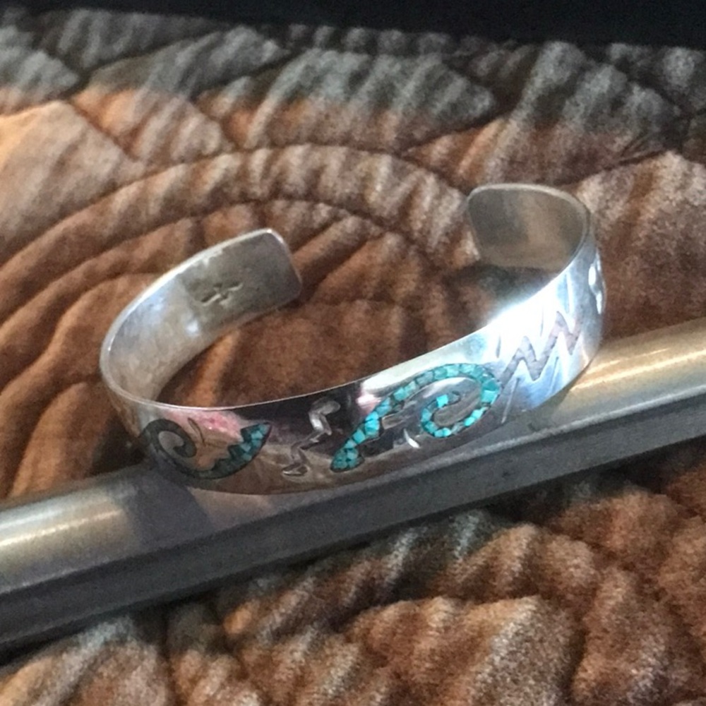 Navajo Turquoise & Coral Inlay Bangle